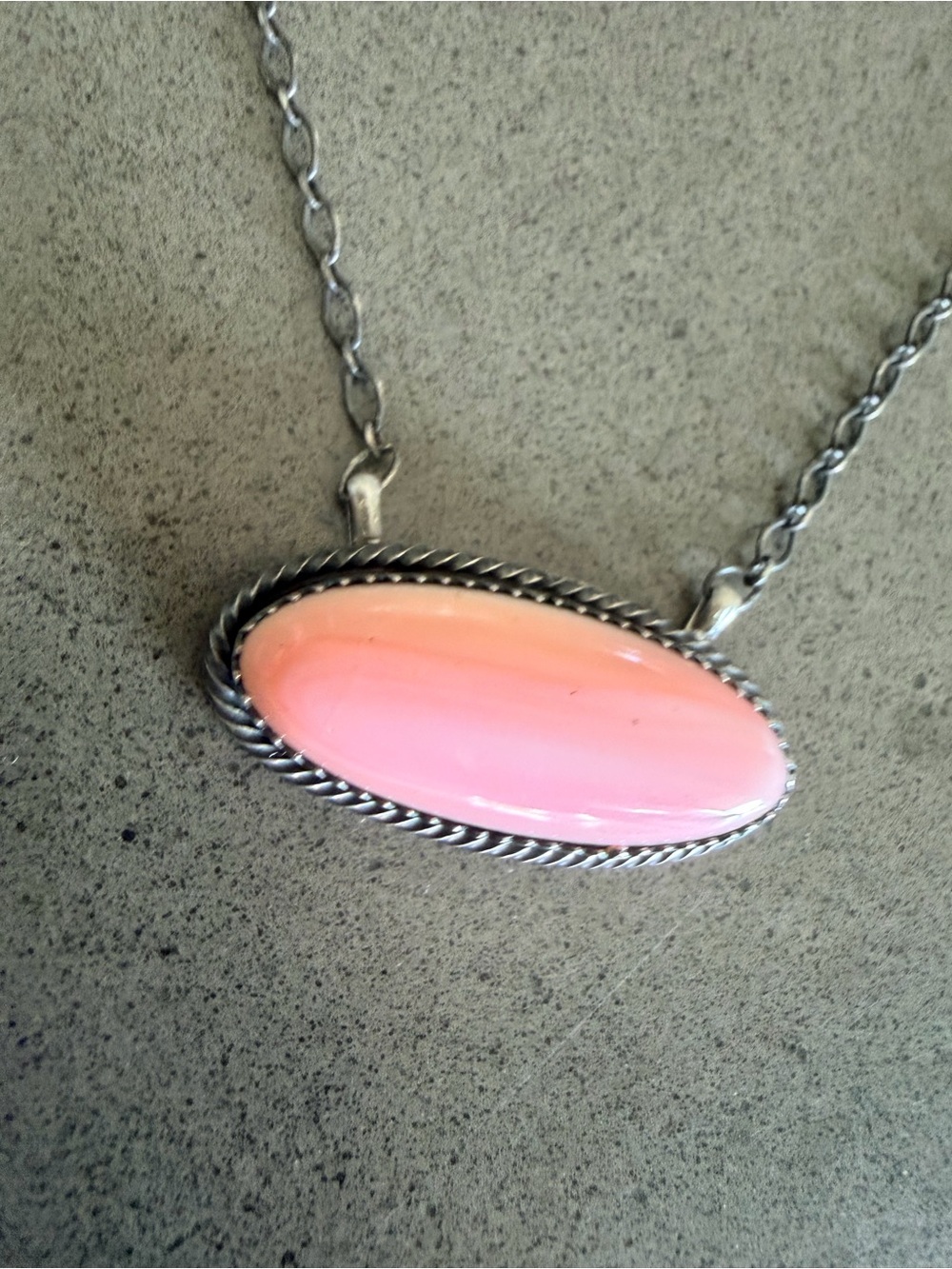 Pink Conch Navajo Sterling Silver Oval Pendant Necklace 18” | Artist Tia Long